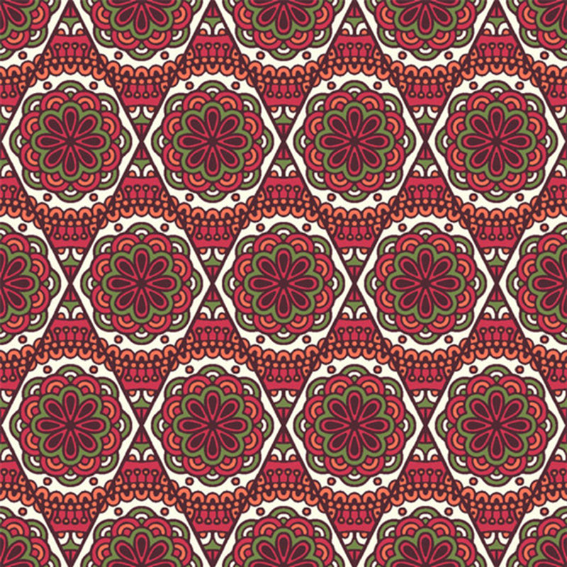 Red Flower Printed Wall Murals Stain Resistant Bohemia Bedroom Wall Covering, Non-Woven