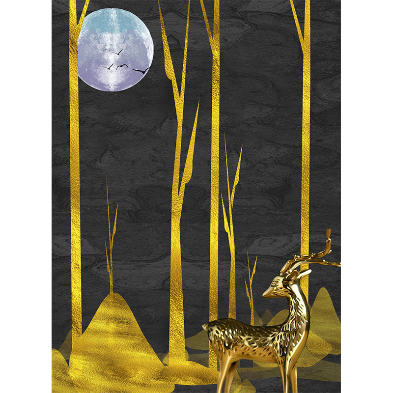 Custom Illustration Artistic Murals with Forest Deer at Moon Night Pattern in Black-Gold