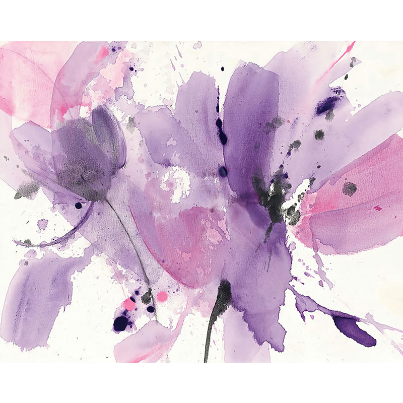 Purple-Pink Art Deco Mural Decal Whole Watercolor Petals Drawing Wall Covering for Bedroom