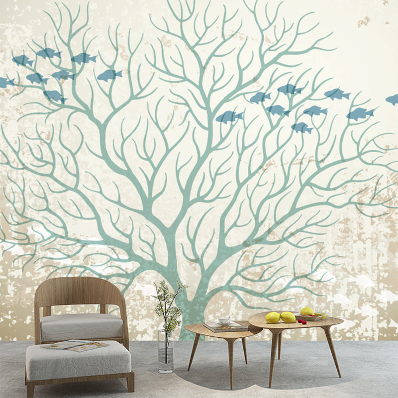 Fish and Bare Tree Murals Modern Moisture Resistant Living Room Wall Covering, Made to Measure