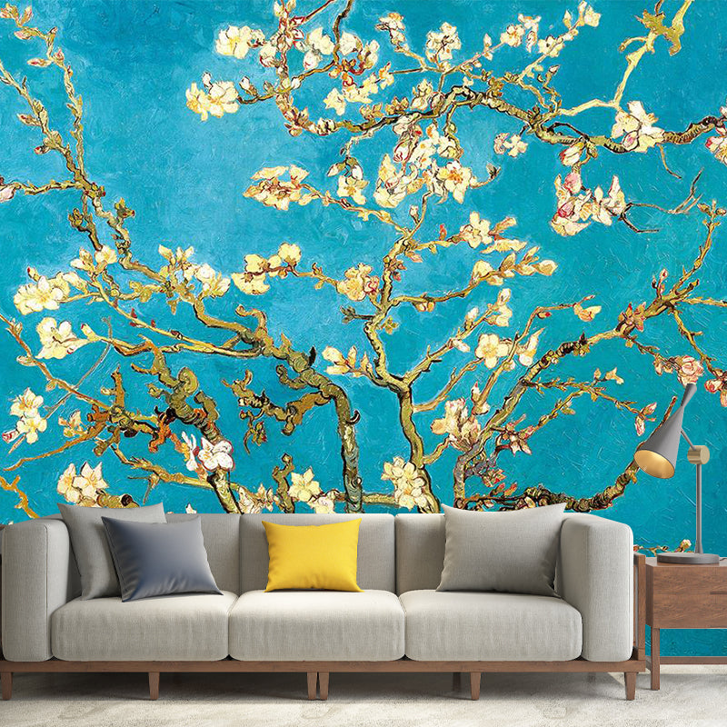Asian Plum Tree Wall Mural Decal Yellow and Blue Waterproof Wall Decor for Bedroom