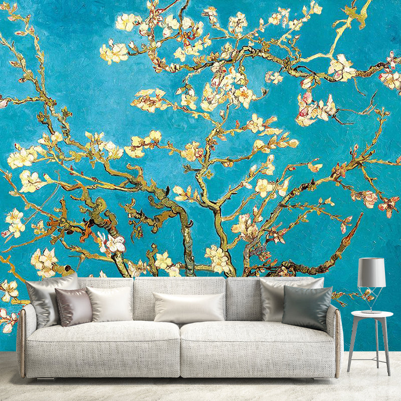 Asian Plum Tree Wall Mural Decal Yellow and Blue Waterproof Wall Decor for Bedroom