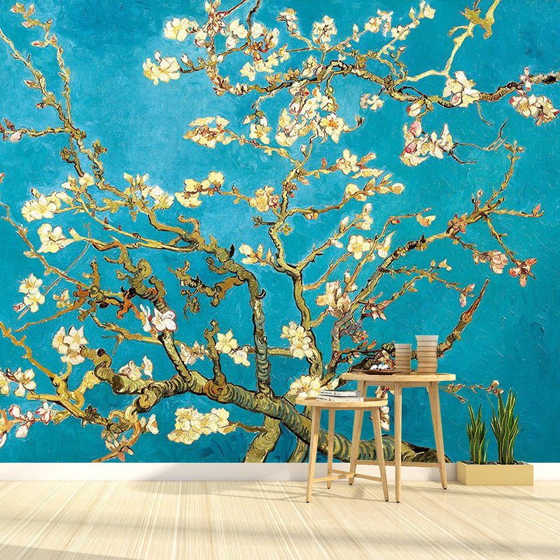 Asian Plum Tree Wall Mural Decal Yellow and Blue Waterproof Wall Decor for Bedroom