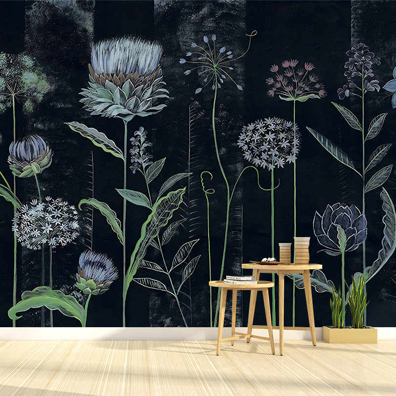 Flower Sketch Wall Paper Murals Trendy Waterproof Living Room Wall Decor, Custom Size Available