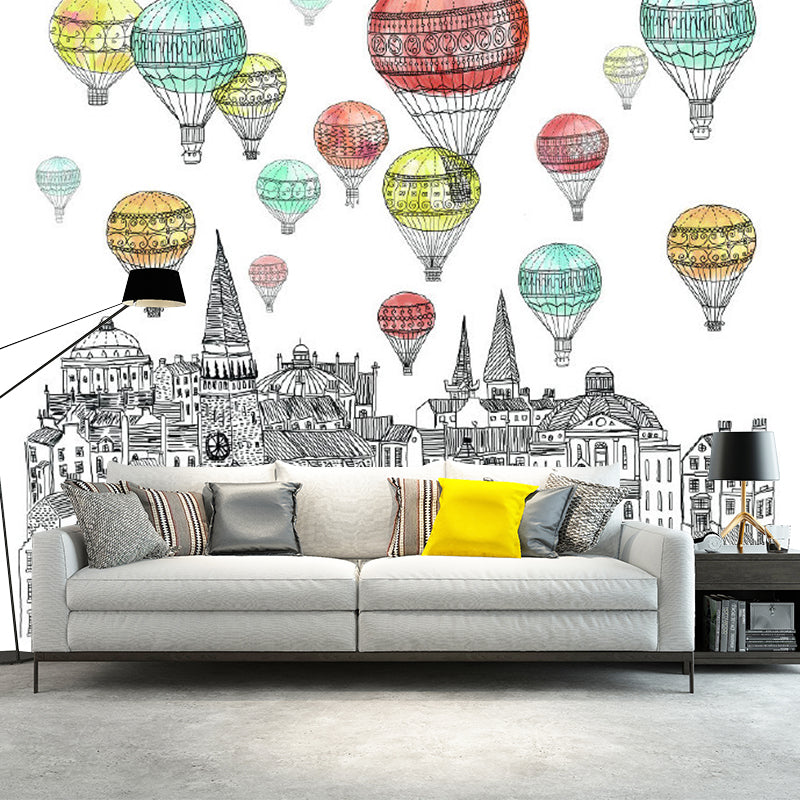 Childrens Art Castle Wall Murals Red-Yellow-Green Hot Air Balloon Wall Decor for Kids Room