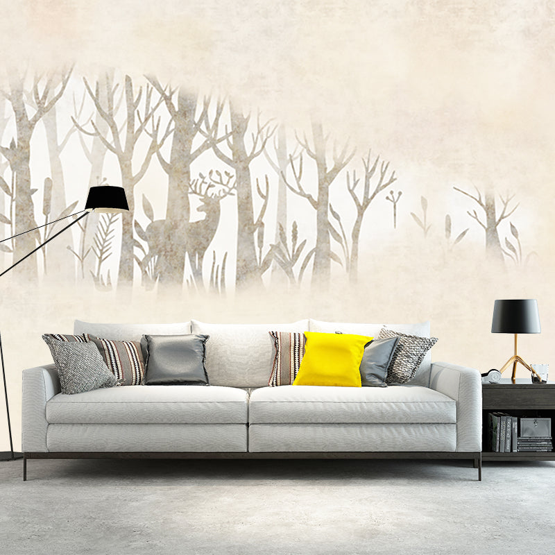 Beige Creative Wall Covering Murals Customized Wild Deer and Foggy Mirror Wall Art for Home Decor