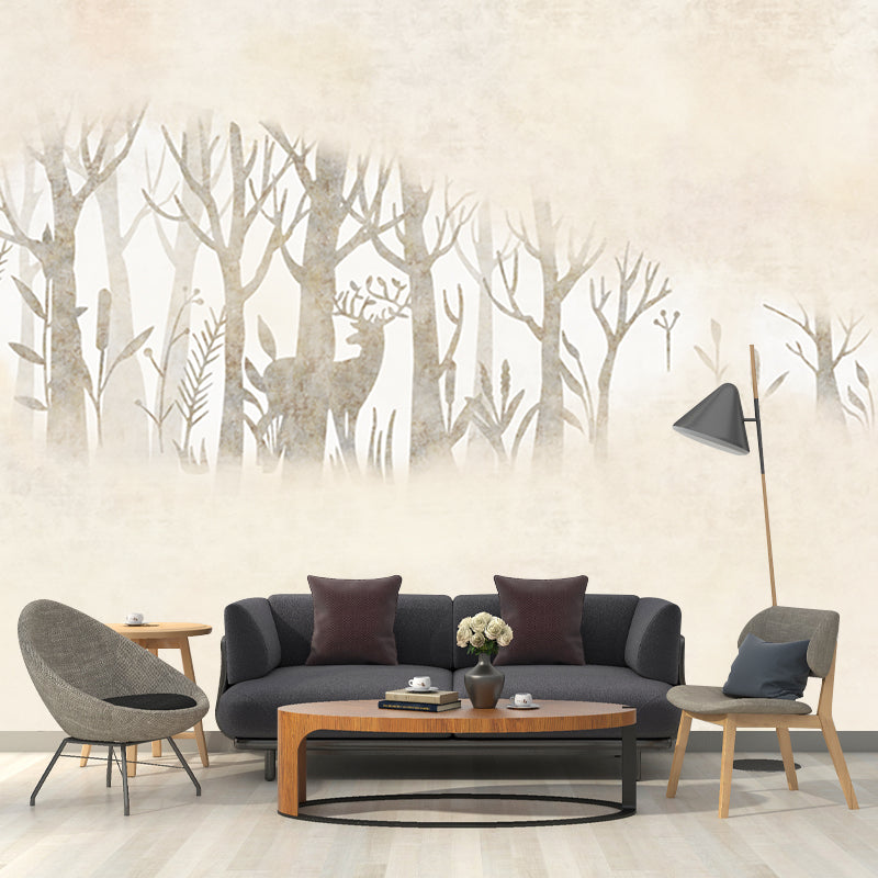 Beige Creative Wall Covering Murals Customized Wild Deer and Foggy Mirror Wall Art for Home Decor