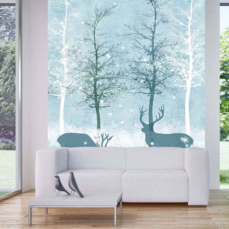 Full-Size Scandinavian Mural Decal Blue Deer in Night Forest Patterned Wall Art, Made to Measure