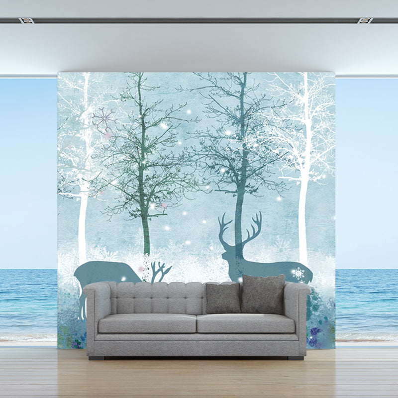 Full-Size Scandinavian Mural Decal Blue Deer in Night Forest Patterned Wall Art, Made to Measure