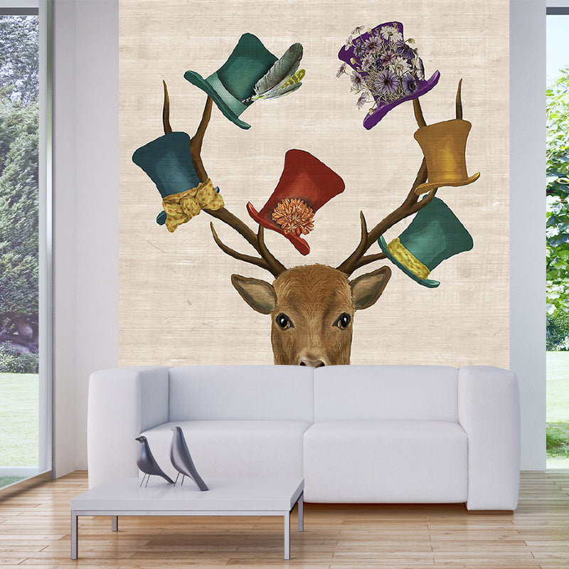 Non-Woven Washable Murals Nordic Elk with Top Hats Patterned Wall Covering in Brown