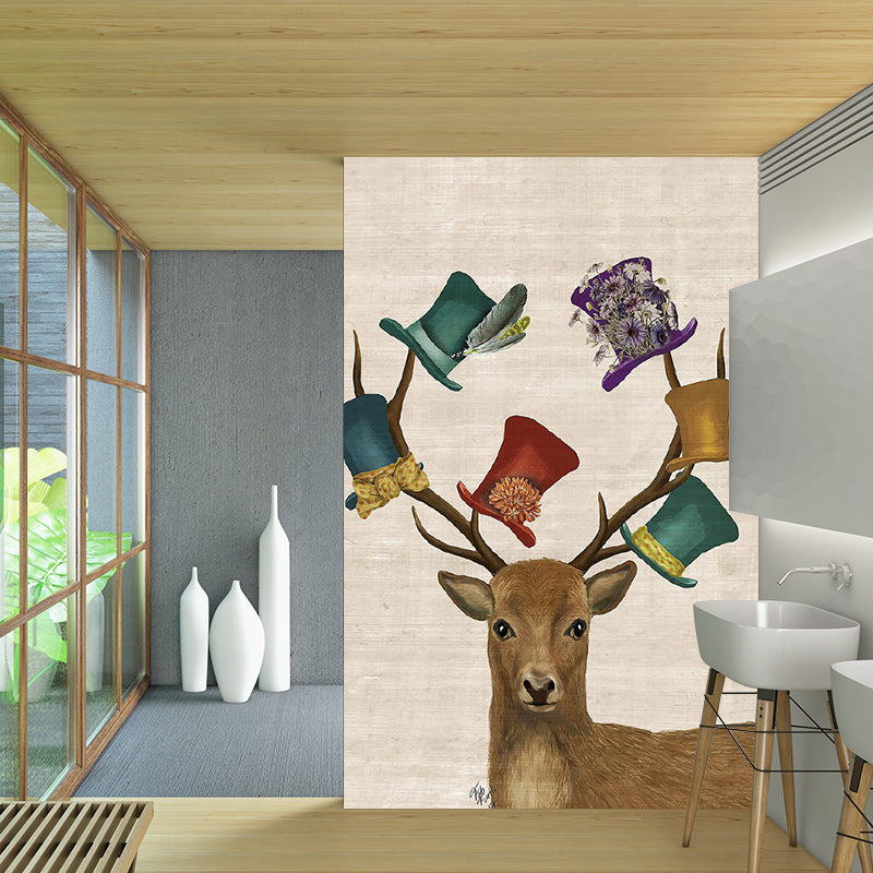 Non-Woven Washable Murals Nordic Elk with Top Hats Patterned Wall Covering in Brown