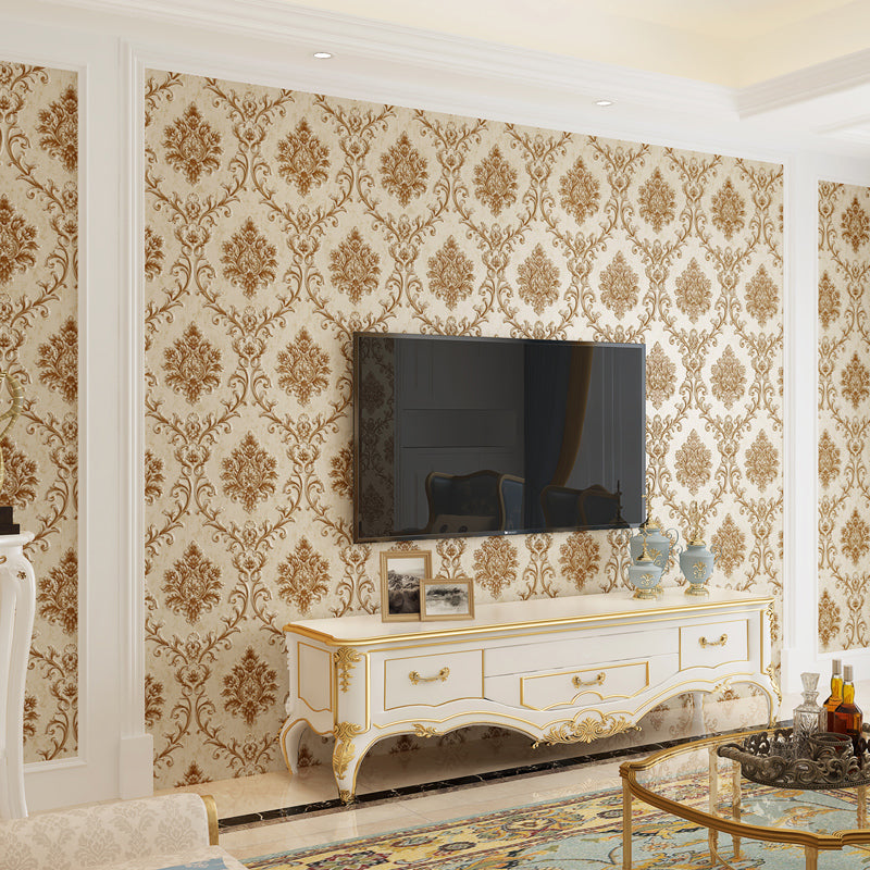 Luxe Damask Temporary Wallpaper Roll in Dark Color Living Room Peel and Stick Wall Art, 17.1-sq ft