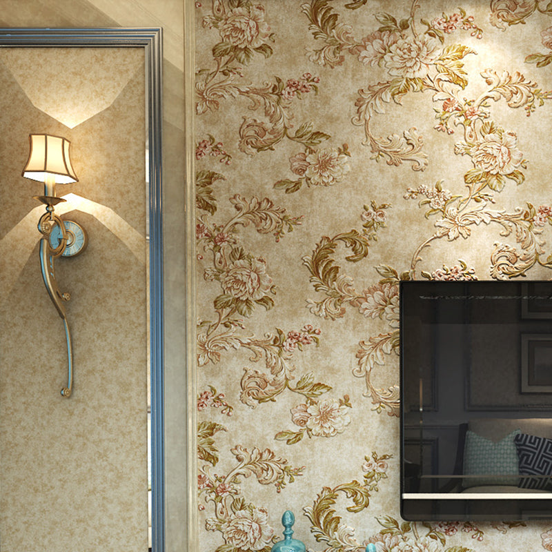 Blossoming Peony Wallpaper Soft-Color Farmhouse Wall Covering for Living Room, Non-Pasted