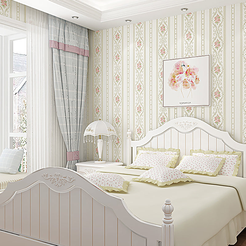 Adhesive Rural Floral Striped Wallpaper Pastel-Color Removable Wall Art for Bedroom