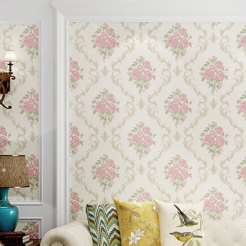 Country Peonies Peel Stick Wallpaper Pastel-Color Geo Lattice Wall Decor, Temporary