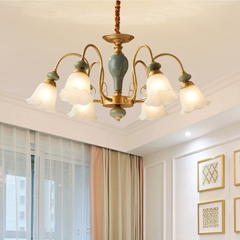 Green Flower Shaped Pendulum Light Rural Frosted Glass 3/5/6 Bulbs Guest Room Chandelier Lighting Fixture