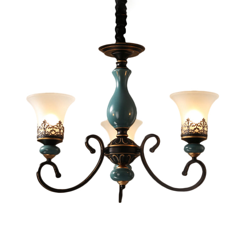 Rustic Style Bell Shade Hanging Pendant Light Milky Glass 3/5/6-Head Chandelier Lighting in Blue