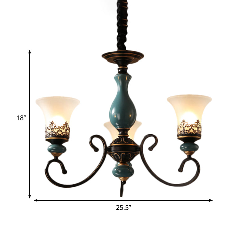Rustic Style Bell Shade Hanging Pendant Light Milky Glass 3/5/6-Head Chandelier Lighting in Blue
