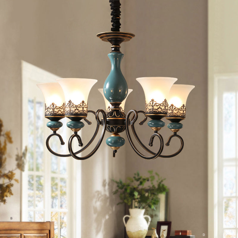 Rustic Style Bell Shade Hanging Pendant Light Milky Glass 3/5/6-Head Chandelier Lighting in Blue