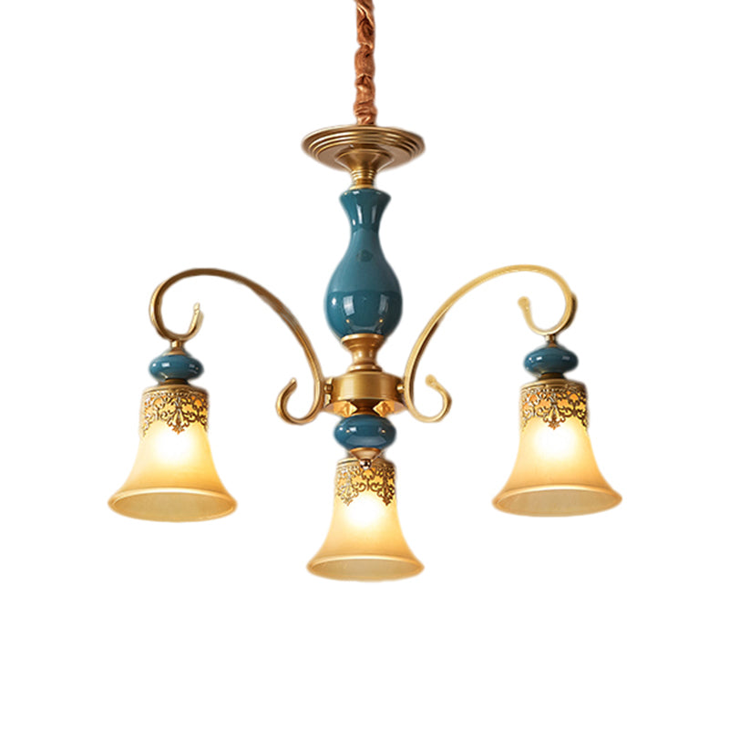 3/5/6-Bulb Suspension Pendant Light Countryside Swooping Arm Metal Chandelier in Brass with Bell Milk Glass Shade