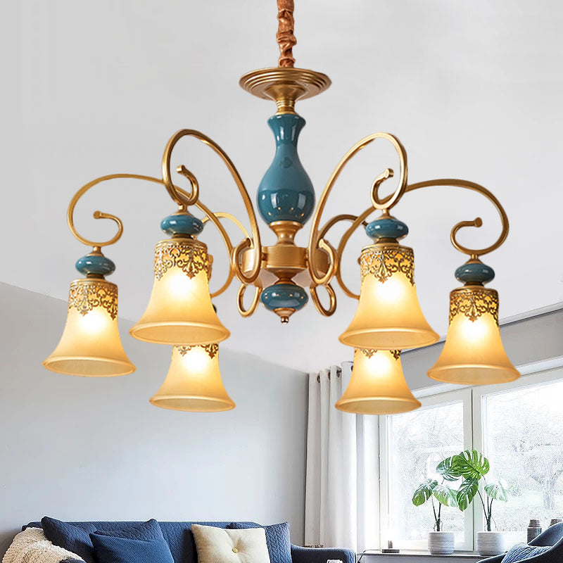 3/5/6-Bulb Suspension Pendant Light Countryside Swooping Arm Metal Chandelier in Brass with Bell Milk Glass Shade