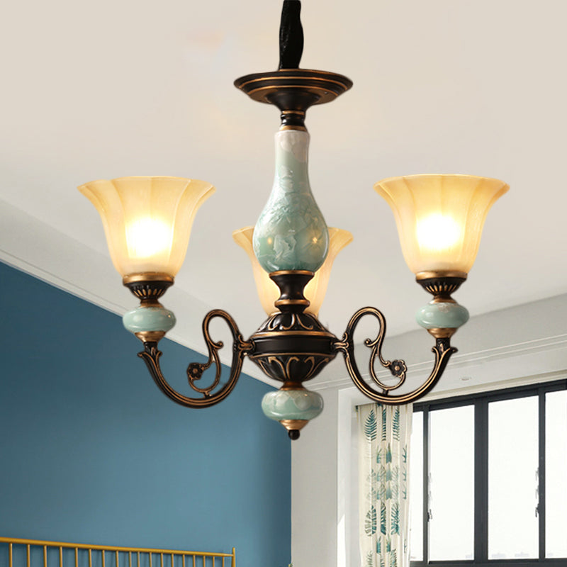 Black-Gold Curvy Armed Pendant Chandelier Style Rural Metallic 3/5/6 Lights Livrer le plafond Light With Blossom Shade