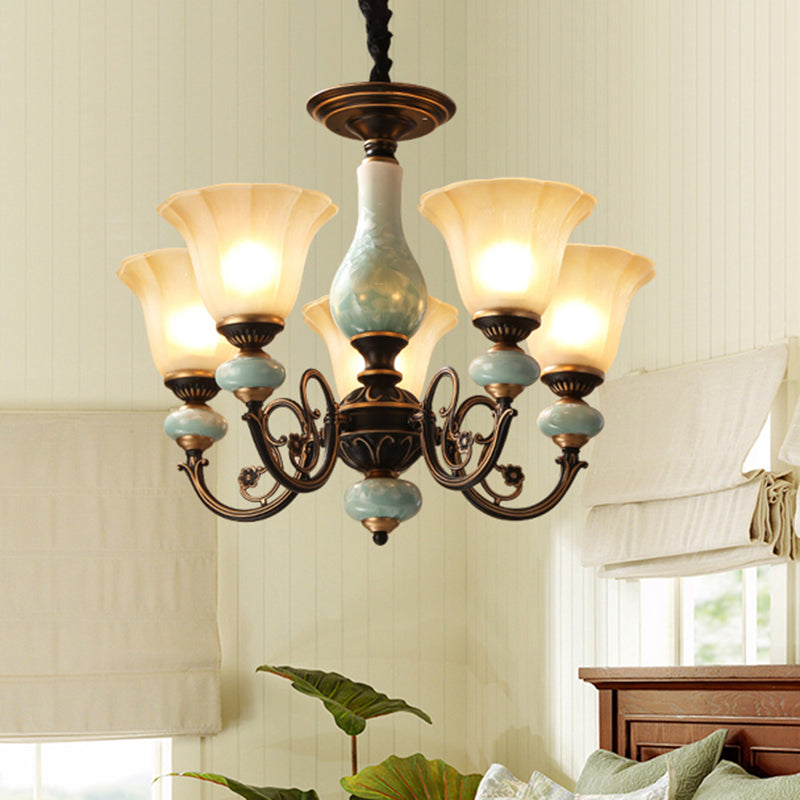 Black-Gold Curvy Armed Pendant Chandelier Style Rural Metallic 3/5/6 Lights Livrer le plafond Light With Blossom Shade