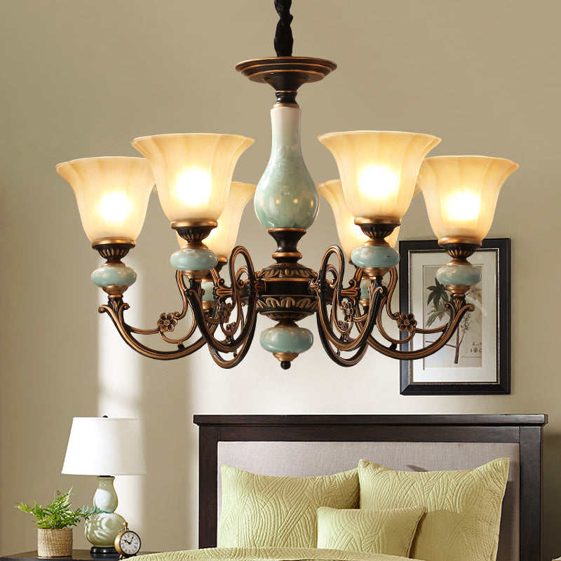 Black-Gold Curvy Armed Pendant Chandelier Style Rural Metallic 3/5/6 Lights Livrer le plafond Light With Blossom Shade