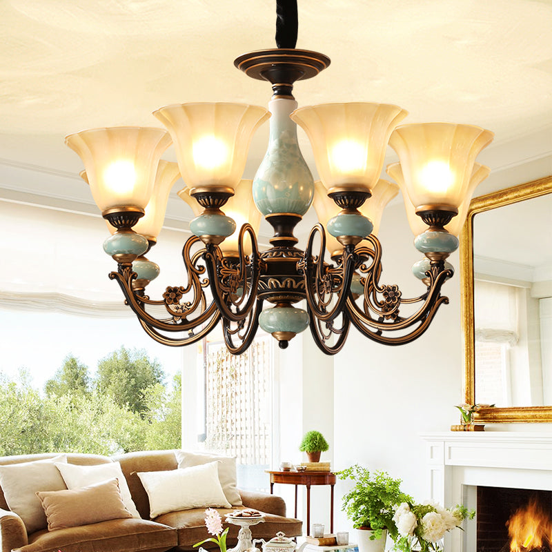 Black-Gold Curvy Armed Pendant Chandelier Style Rural Metallic 3/5/6 Lights Livrer le plafond Light With Blossom Shade