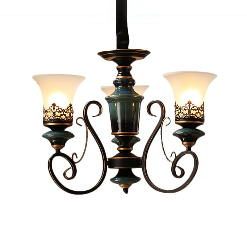 3/5/6-Bulb Chandelier Light Fixture with Bell Shade Opal Glass Rural Guest Room Suspension Pendant in Black-Gold