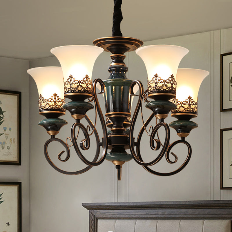 3/5/6-Bulb Chandelier Light Fixture with Bell Shade Opal Glass Rural Guest Room Suspension Pendant in Black-Gold