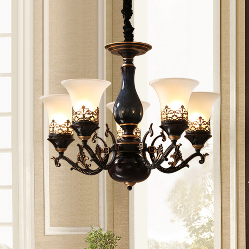 Black Bell Shaped Ceiling Suspension Lamp Countryside Frosted Glass 3/5/6 Heads Living Room Chandelier Lighting