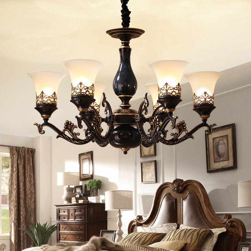 Black Bell Shaped Ceiling Suspension Lamp Countryside Frosted Glass 3/5/6 Heads Living Room Chandelier Lighting