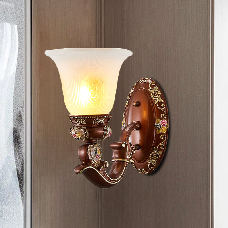 Brown Bell Shade Sconce Light Fixture Antique Style Milky Glass 1/2-Head Bedside Wall Mount Light