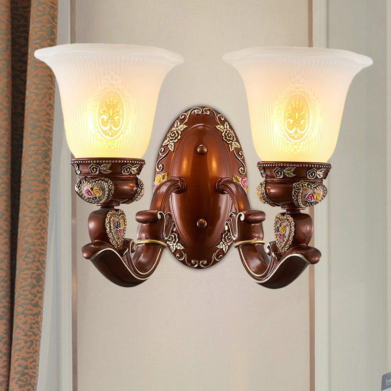 Brown Bell Shade Sconce Light Fixture Antique Style Milky Glass 1/2-Head Bedside Wall Mount Light