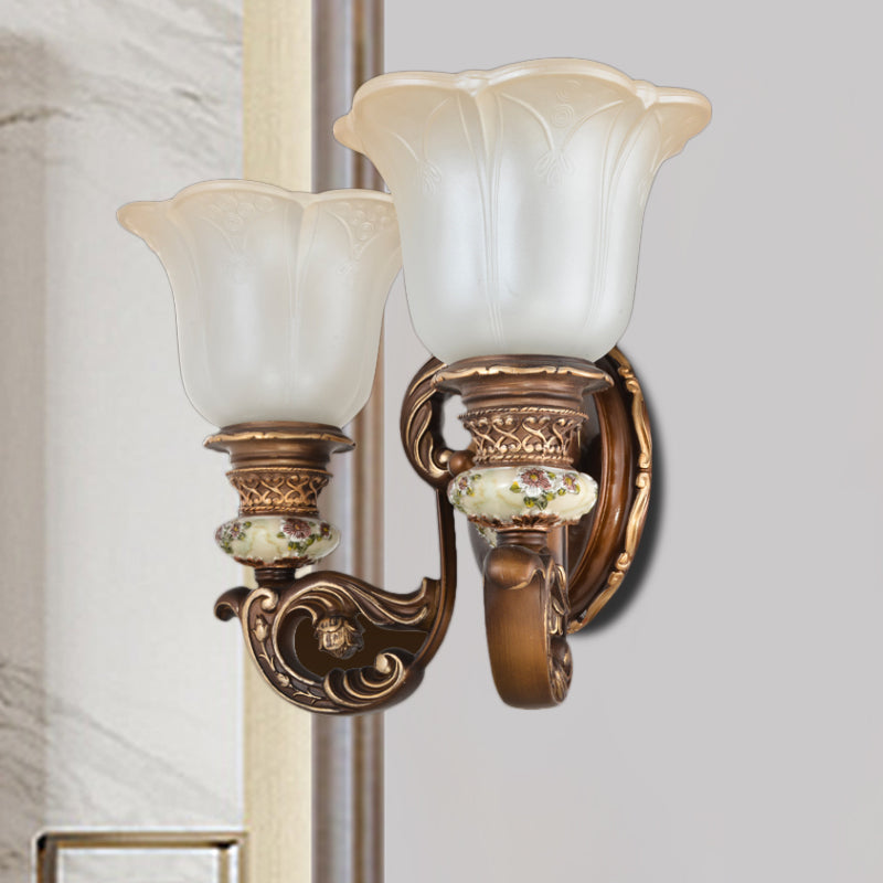 1/2-Light Wall Sconce with Floral Shade Cream Glass Traditional Bedroom Wall Mounted Lamp in Brown