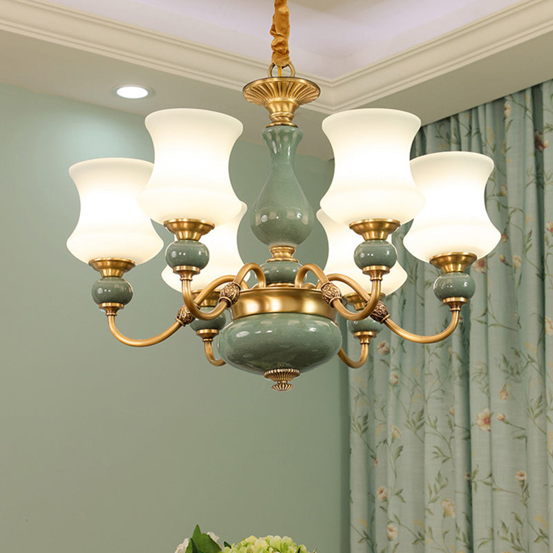 6/8 Bulbs Metallic Chandelier Light Vintage Gold Swooping Arm Guest Room Ceiling Suspension Lamp with Opal Glass Shade