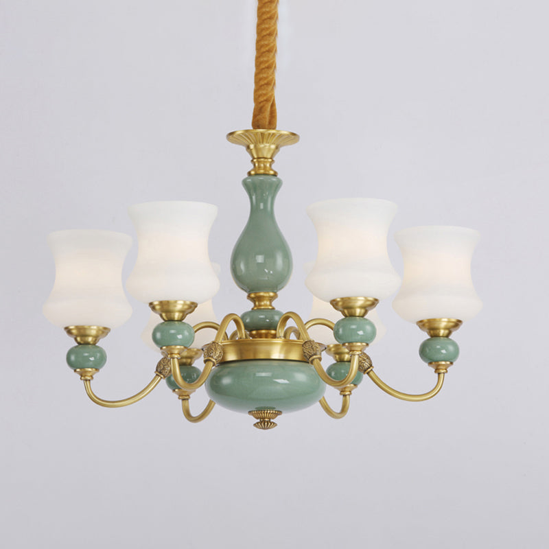 6/8 bollen metalen kroonluchter licht vintage gouden duwarm kleinkaster plafond suspensie lamp met opaalglas schaduw