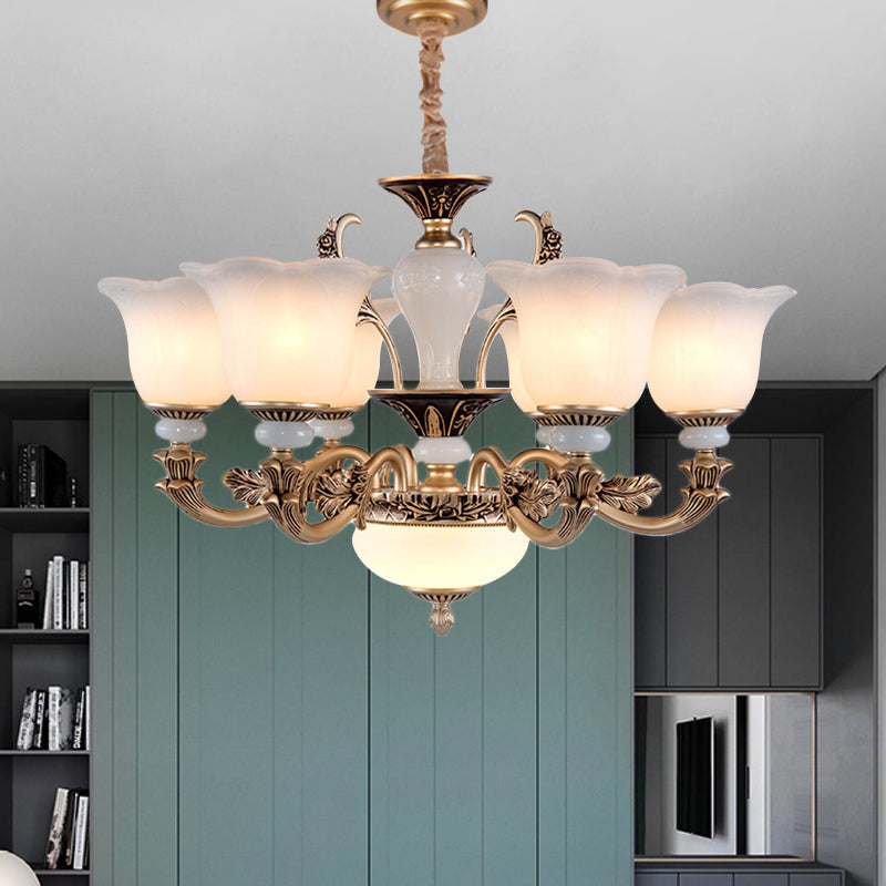 Metallic goudhangende kroonluchter duikarm 6/8/10 koppen Antiqued Style plafondhanger met bloemenschaduw