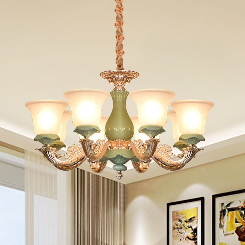8/12 Lights Flared Shade Suspension Pendant Traditional Style Green Opal Glass Chandelier Lighting