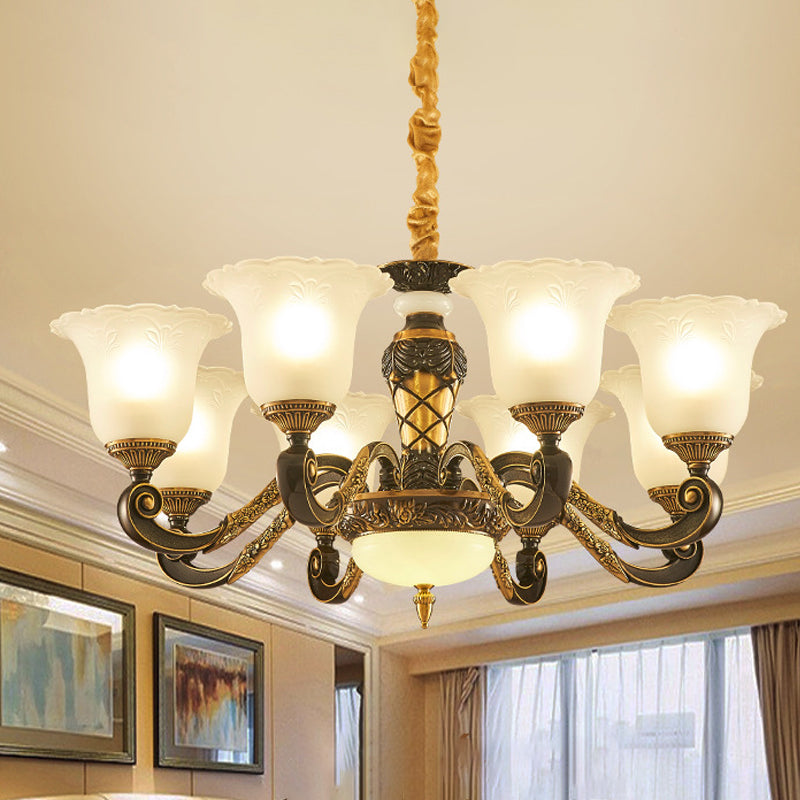 Blossom Frosted Glass Pendant Kroonluchter Vintage Style 6/8 Bollen Gekastkamer Opgehangen verlichtingsarmatuur in Black-Gold