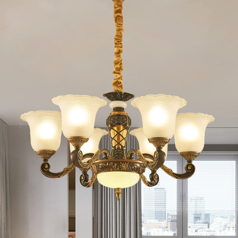Blossom Frosted Glass Pendant Chandelier Vintage Style 6/8 Bulbs Guest Room Suspended Lighting Fixture in Black-Gold