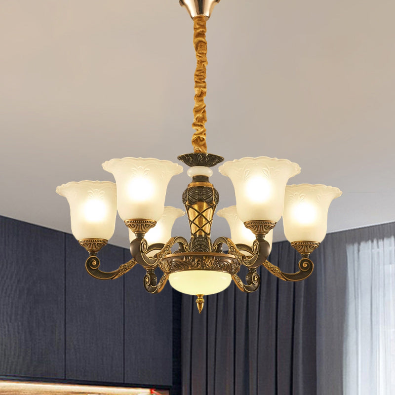 Blossom Frosted Glass Pendant Chandelier Vintage Style 6/8 Bulbs Guest Room Suspended Lighting Fixture in Black-Gold