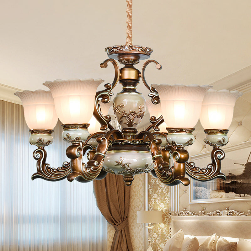 Bruin 6/8 koppen plafond kroonluchter traditionele stijl melkachtig glas bloemvormige hangende hanger
