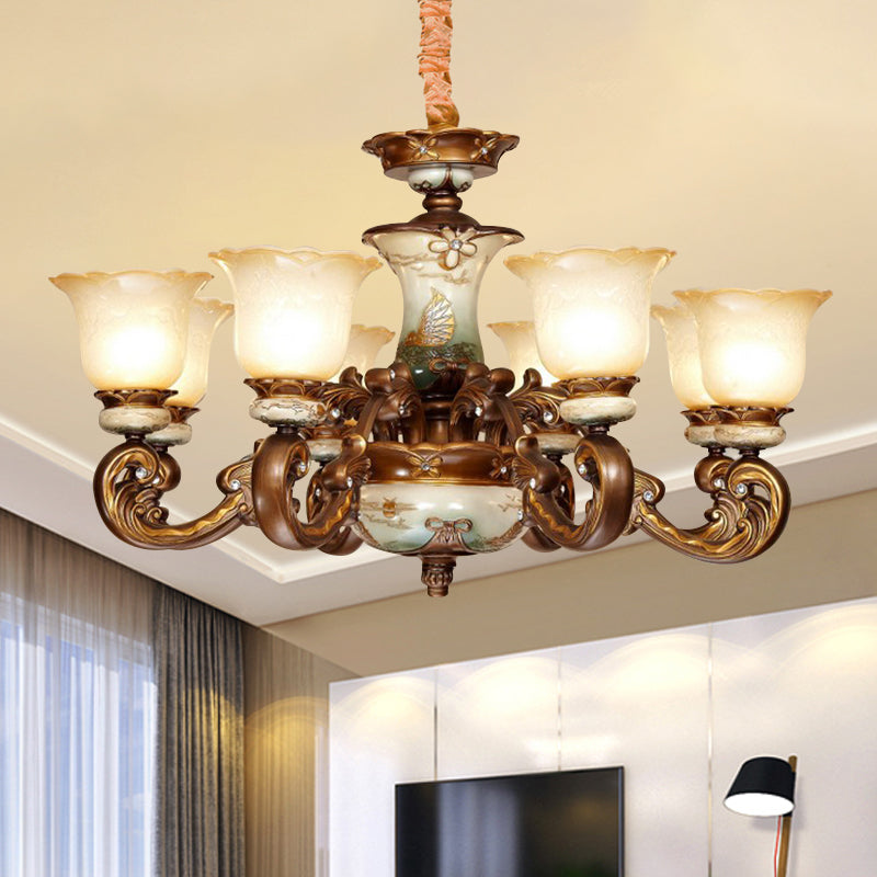 Traditionele bloemenschaduw Kroonluchter Licht 6/8 Lichten Cream Glass Ophangende verlichtingsarmatuur in bruin