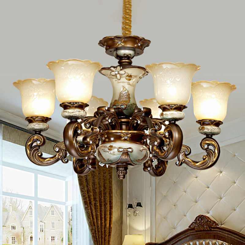 Traditionele bloemenschaduw Kroonluchter Licht 6/8 Lichten Cream Glass Ophangende verlichtingsarmatuur in bruin