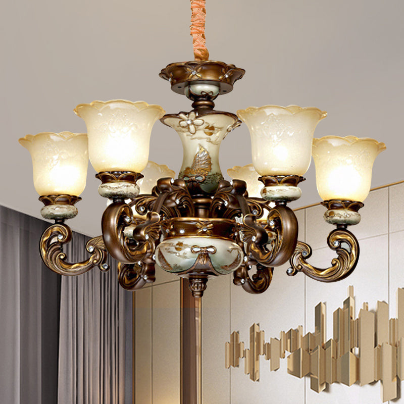 Traditional Floral Shade Chandelier Light 6/8 Lights Cream Glass Suspended Lighting Fixture in Brown