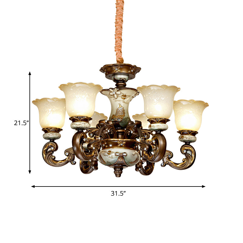Traditionele bloemenschaduw Kroonluchter Licht 6/8 Lichten Cream Glass Ophangende verlichtingsarmatuur in bruin