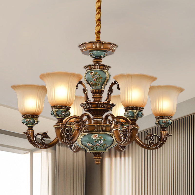 6/8-Bulb Suspension Pendant Light Antique Style Blossom Shaped Opal Glass Chandelier Light Fixture in Brown