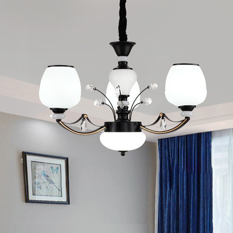 Black 3/6/8-Head Ceiling Chandelier Countryside Style Cream Glass Barrel Shade Suspension Pendant Light
